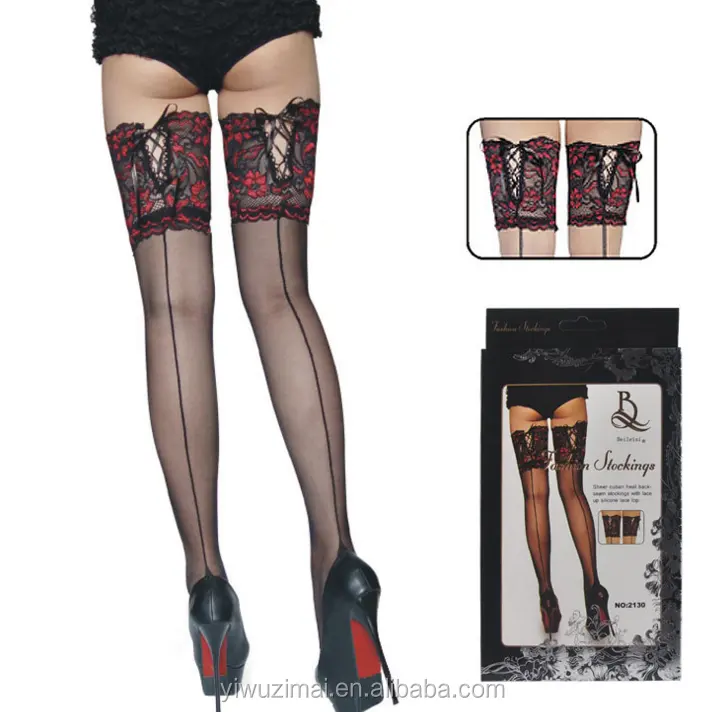 BEILEISI Women's Sexy Silicone Lace Top Sheer socks Cuban Heel Back Seam Thigh High Over The Knee Nylon Hosiery Stockings