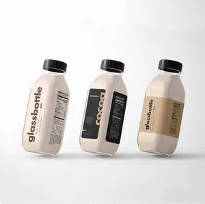 Botella de vidrio de leche para alimentos y bebidas frescas, envase de café frío con tapas y logotipo, 500ml, 16oz