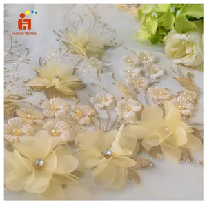 Hlsd125 chất lượng hàng đầu vàng 3D hoa ren đính cườm thêu vải cho váy cưới