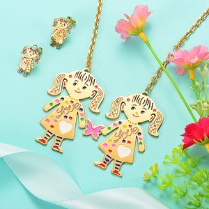 juego joyas grande dos ninas linda moda collar y aretes en acero dorado quirugico - Product Image 2