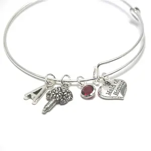 Monogrammed Maid of Honor Charm Bracelet: A Special Bridal Party Gift for Her, featuring an Expandable Bangle