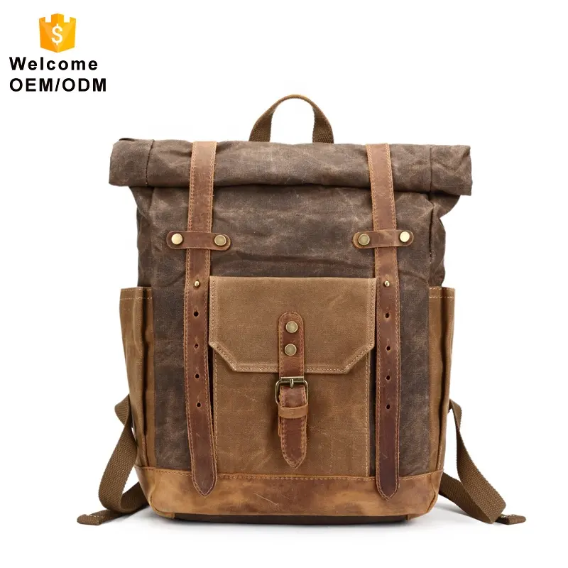 Traveling bag computer laptop roll top rucksack bagpack bags waterproof canvas mens genuine back pack leather backpack men