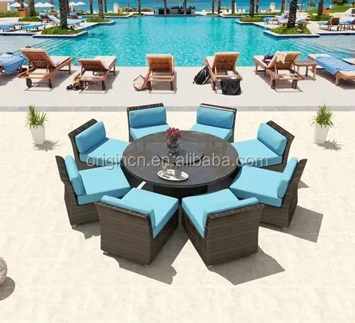 8 seater beautiful high end hotel patio use round dining table and sofa chair rattan outdoor banquet furniture