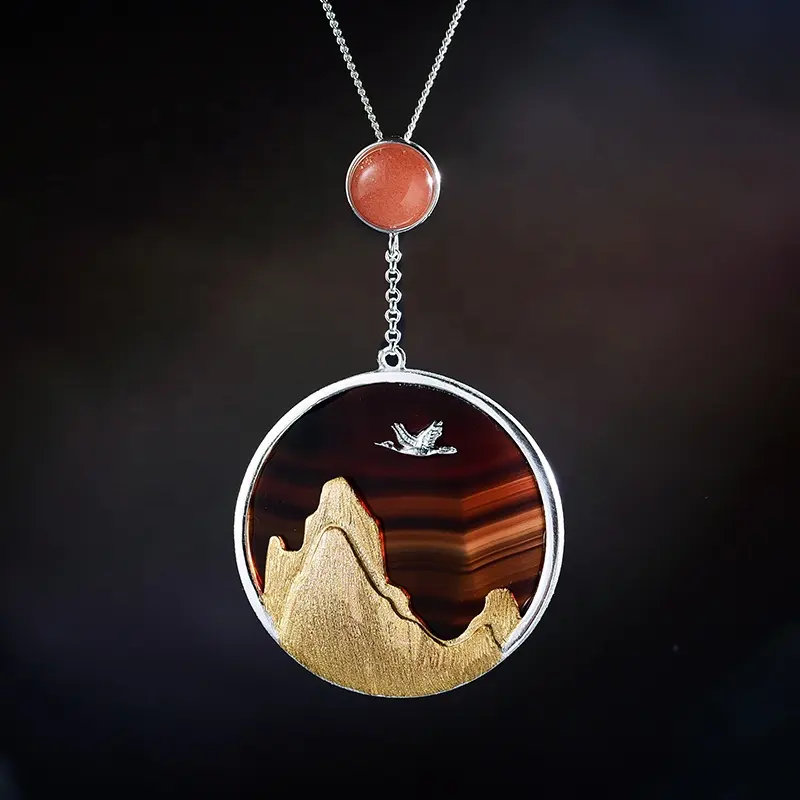 Natural Agate Gemstone Fine 925 Creative Returning Bird in the Sunset silver jewelry pendant