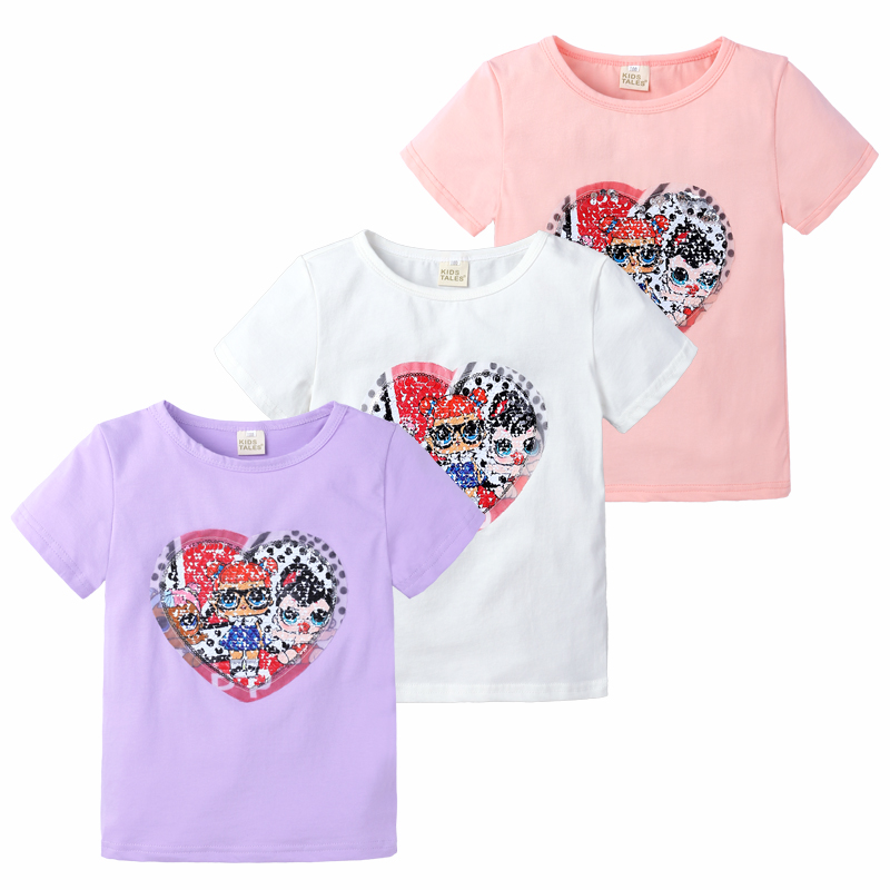 Летняя Повседневная футболка с коротким рукавом, детская одежда в виде сказок, хлопковые Волшебные двусторонние топы с блестками для маленьких девочек, детские футболки