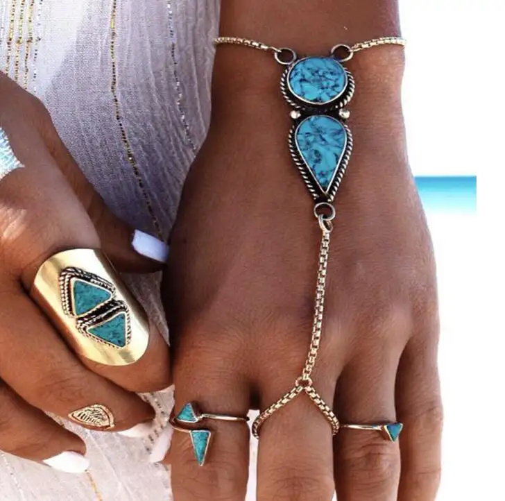 Neue Frauen Mode Türkis Armband Hand Kette Slave Ring Armband Schmuck