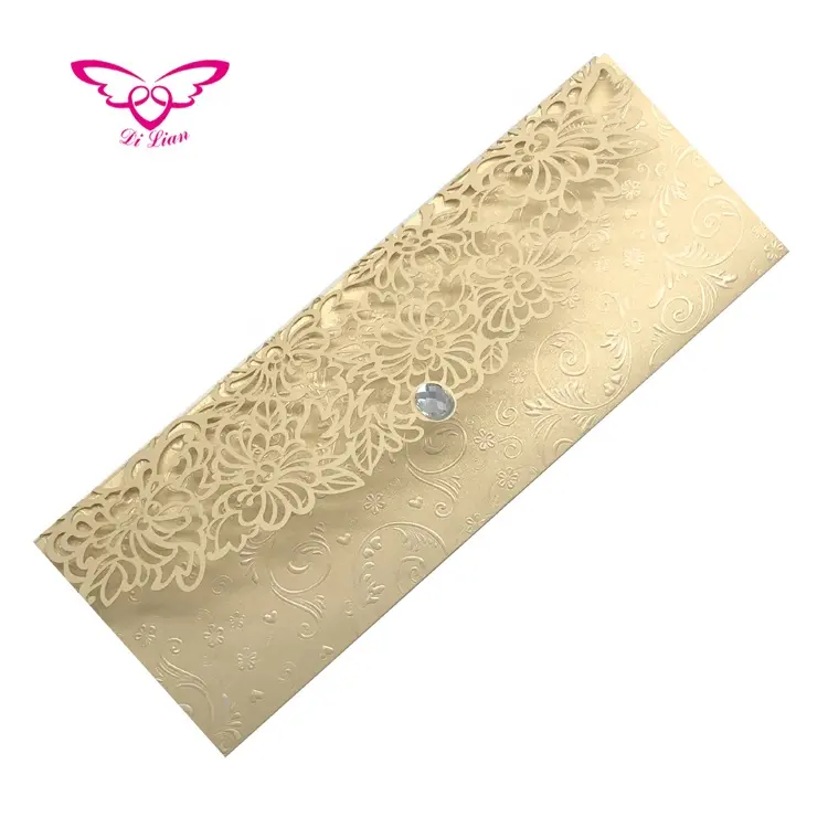 Thri Fold Long Shimmer Embossing Laser Cut Floral Gold Pearl Paper Wedding Card Invitation