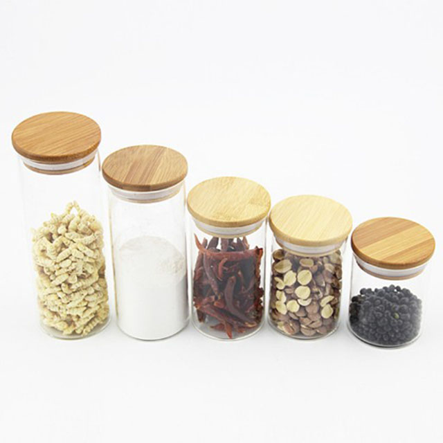 Wholesale borosilicate glass container wood lid glass storage jar with wooden lid