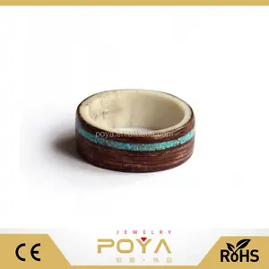 POYA Jóias Mens Womens Wedding band Anel de Chifre de Madeira Natural, Turquesa e Antler Anel De Madeira Wenge