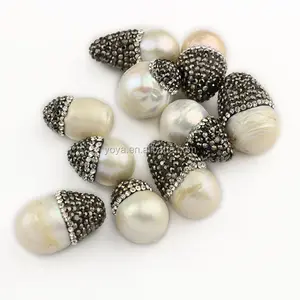 JF8582 Wholesale crystal pave fresh water pearl drop beads,rhinestone pave cap teardrop pearl beads