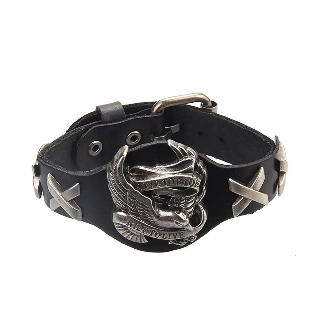 Punk Rock Harley Rider Genuine Leather Wrap Bracelet Live To Ride Fashion Multi-color Eagle Charm Bracelet