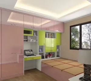 Tatami Lemari Buku Kamar Tidur Kabinet Kamar Anak Kustom dengan Pernis Merah Muda