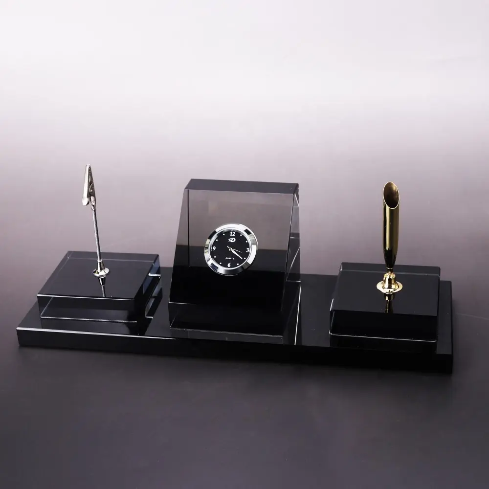 Nuevo diseño de cristal negro Oficina papelería con reloj/sostenedor de la pluma para la decoración de la Mesa