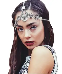 Bohemian vintage style silver metal hollow out flower headpiece headband ethnic head chain hair jewelry headwear