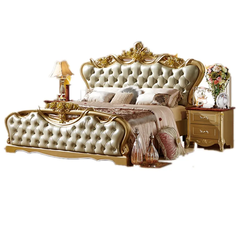 Europe style Italian bedroom set furniture luxury classic king size wooden bed double carved gold bed designs