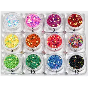 Finger Nail Art 2mm Candy Colors Mix Sequins 3D Rainbow Nail Shining Glitter Accessory 12 Jars/Set