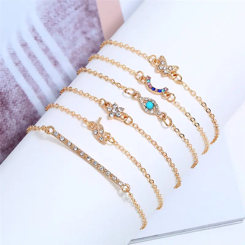 Cross-border small fresh fashion six-piece bracelet set butterfly leaf eye multi-layer joker set diamond bracelet