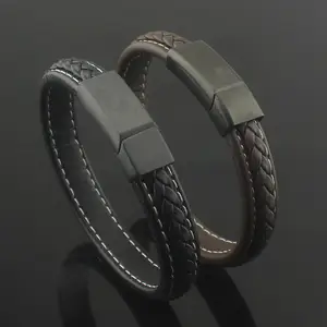 Pulseira personalizada para homens, fecho de fecho magnético com fecho plano trançado pulseira de couro genuíno