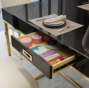 Mesa de comedor de mármol y madera, Marco clásico de acero inoxidable, alto brillo, 6 sillas, juego de muebles - Product Image 5