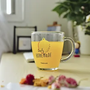 Decoration 13oz glass tea cups with handle flower printing glass mug