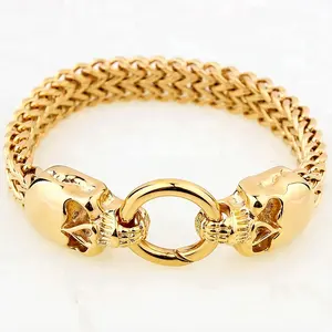 Marlary Biker Gold Men Cool Chain Link Bracelet Heavy Stainless Steel Skull Bracelet