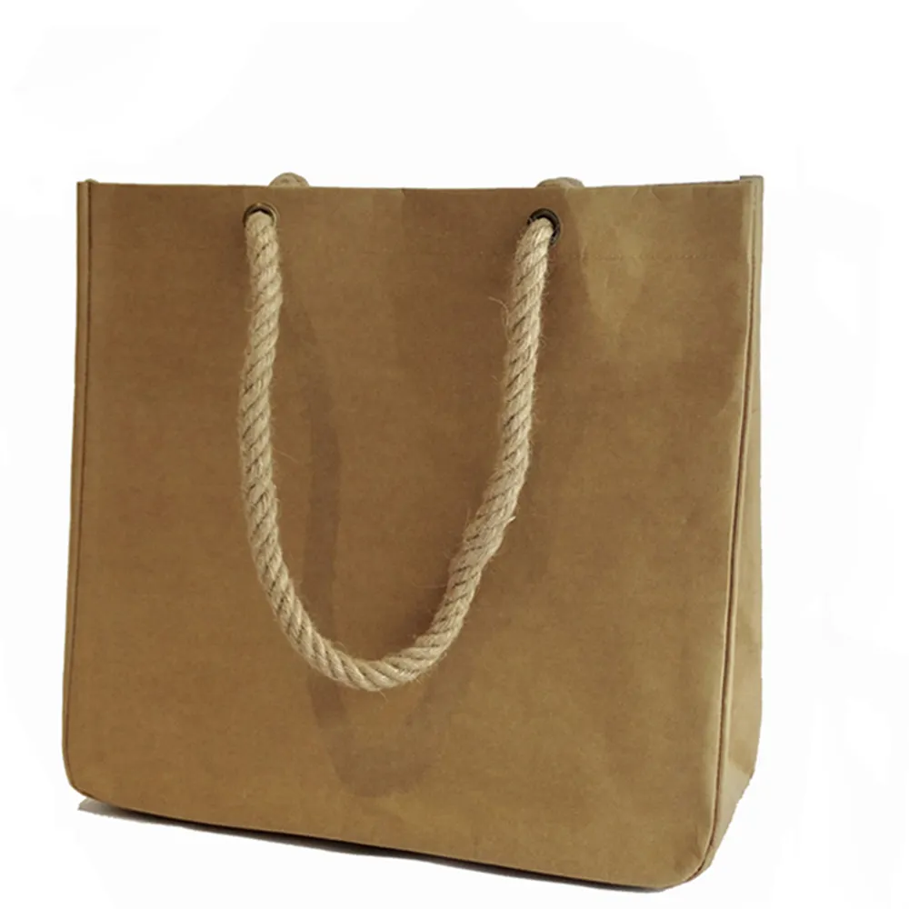 hot selling fashion antique washable paper kraft paper rope tote carry bag