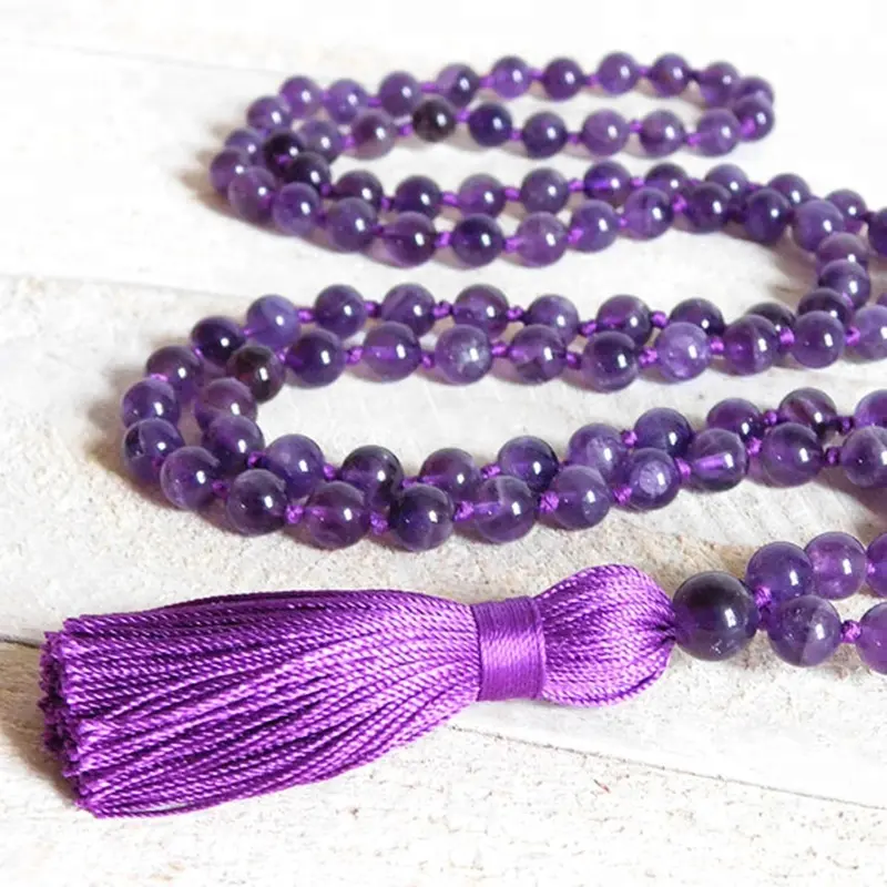 ST0514 Natural Grade A Amethyst Knotted Mala Necklace 108 Purple Quartz Knotted Jewelry with Tassel Meditation Healing Necklace