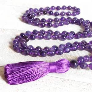 ST0514天然紫水晶打结马拉项链108珠子紫色石英打结饰品带流苏冥想疗愈项链