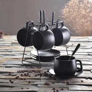 Commercio all'ingrosso giapponese opaca nero fantasia in ceramica antica tazze e piattini per 4 persona - Product Image 1