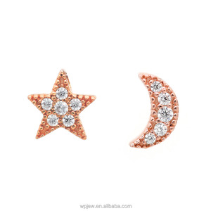 925 Sterling Silver Rhodium Rose Gold Plated Star and Half Moon <b>Crystal</b> CZ Fashion Stud <b>Earrings</b> Jewelry Women - Product Image 4