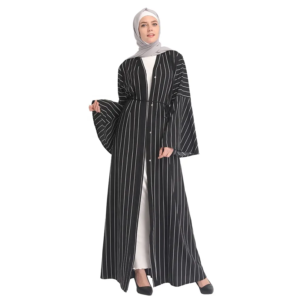 Loriya fashion new abaya designs stripe pattern fashion front open muslim dress abaya