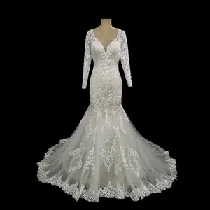 फीता मरमेड ब्राइडल गाउन शादी की पोशाक गहरी वी गर्दन लंबी आस्तीन अति सुंदर शैम्पेन सरल प्लस आकार विंटेज सांस