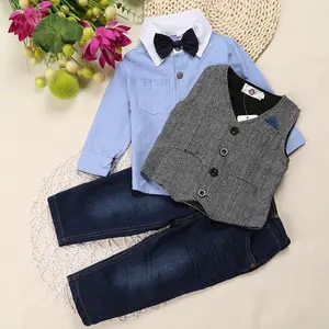 European and American college style baby clothes gentleman baby boy bodysuit denim 3 piece boy clothes set