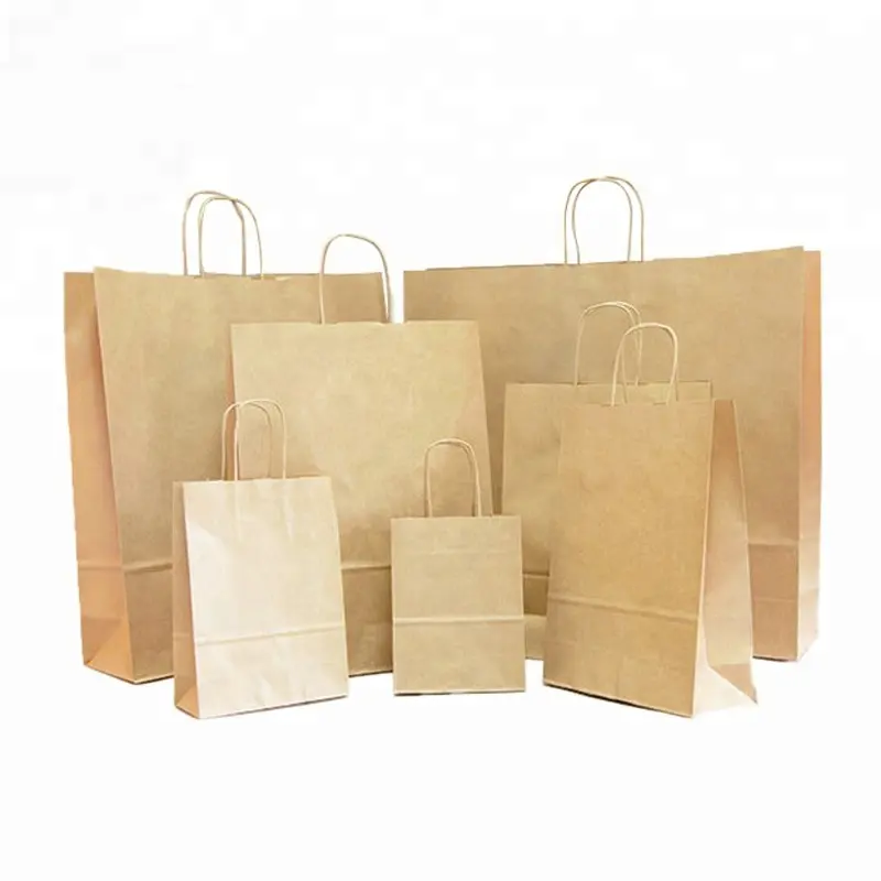Wholesale Recycled Custom 8"x4.75"x10" Brown 100gsm Twisted Paper Handle Food Shopping Kraft Paper Bag With Handle