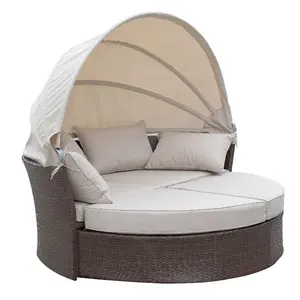 Lüks ucuz açık resort daybed yuvarlak güneş yatağı rattan daybed geri çekilebilir gölgelik