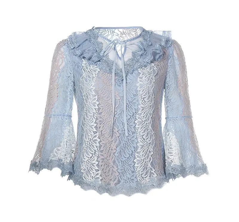 Blusa de gasa de manga larga con encaje de malla para primavera y verano, camisa Vintage con cuello en V para mujer, Falbala azul, volantes