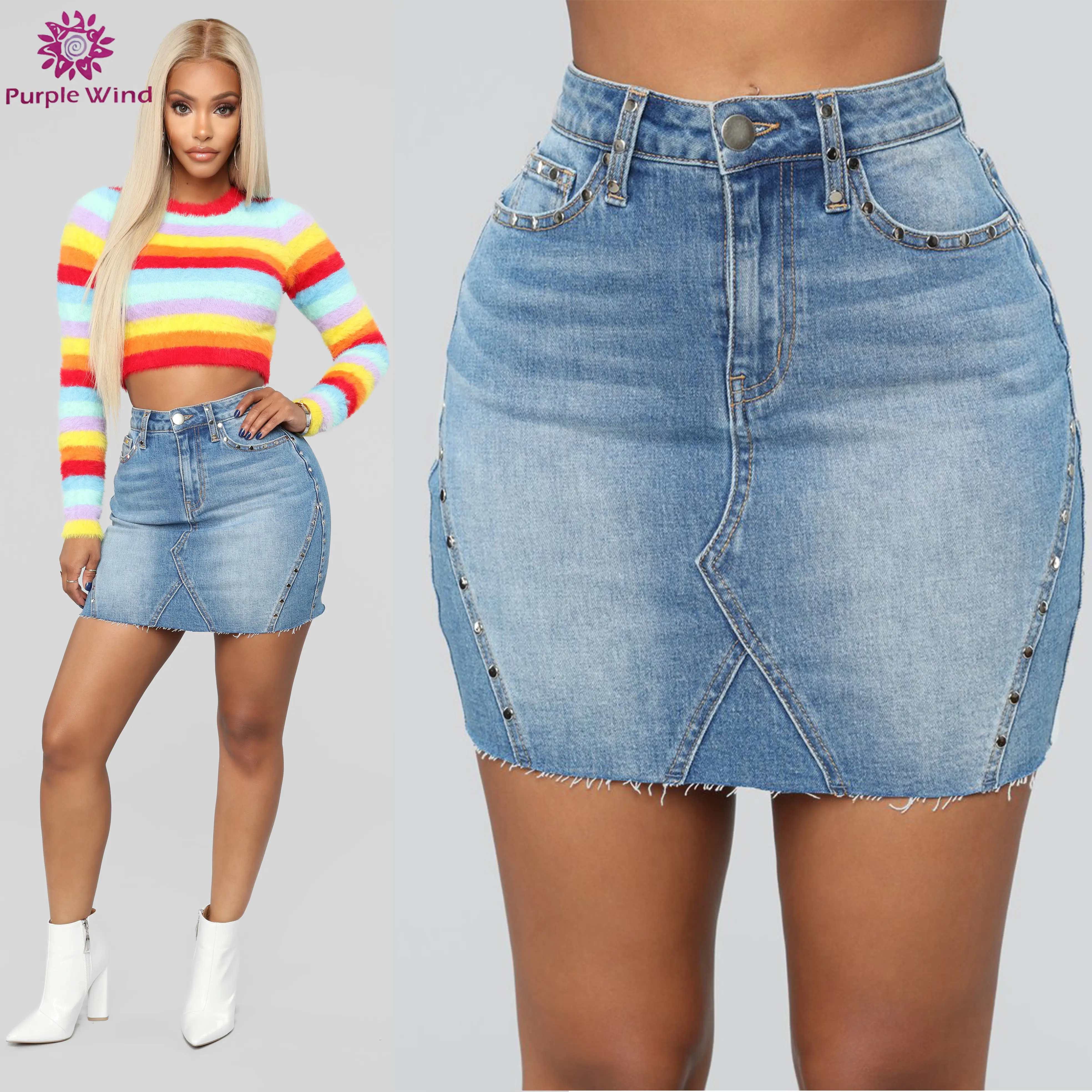 High waist skinny stretch denim with rivets design women short jean skirts