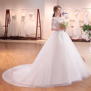 2018 Ballkleid 3/4 Ärmeln Elegante Braut Kleider Spitze Blume schmücken Prinzessin Königlichen Zug Brautkleid