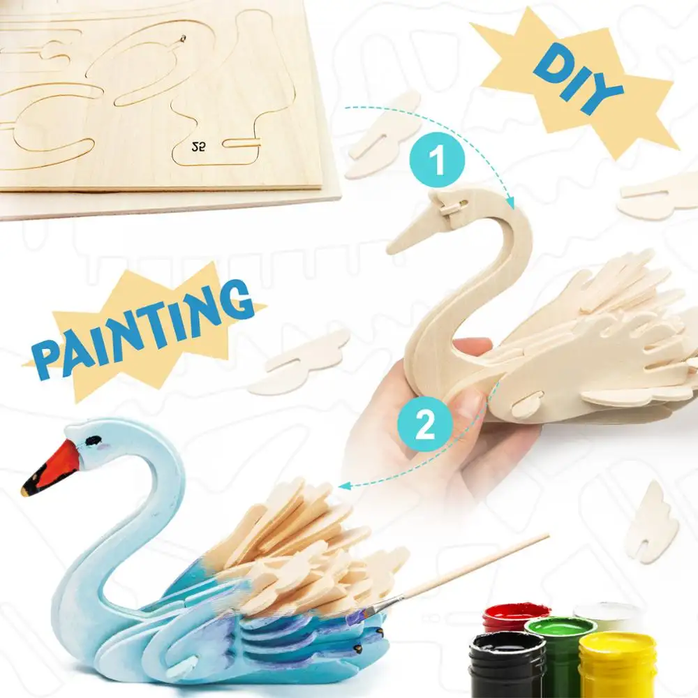 Rompecabezas de madera para niños, manualidades, juguetes de pintura, animales de madera, pintura multicolor, rompecabezas de animales en 3d