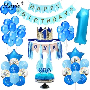 Erkek 1St Doğum Günü Partisi Süslemeleri Yüksek Sandalye Çuval Bezi Dekorasyon Kitleri Için Taç Şapka BIR Kek Toppers Doğum Günün Kutlu Olsun Afiş SET746