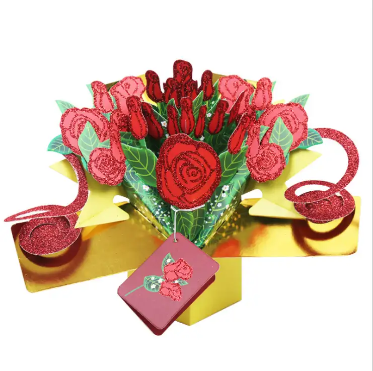 Neue produkte valentinstag 3D pop up karten papier falten 3D farbe druck rose bouquet grußkarten mit gold pulver
