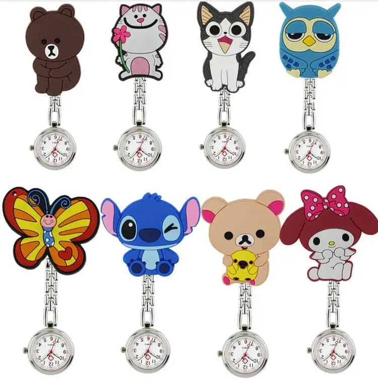 Fashion lovely cartoon animal design scalable soft rubber nurse pocket watches ladies women doctor smile Medical watches