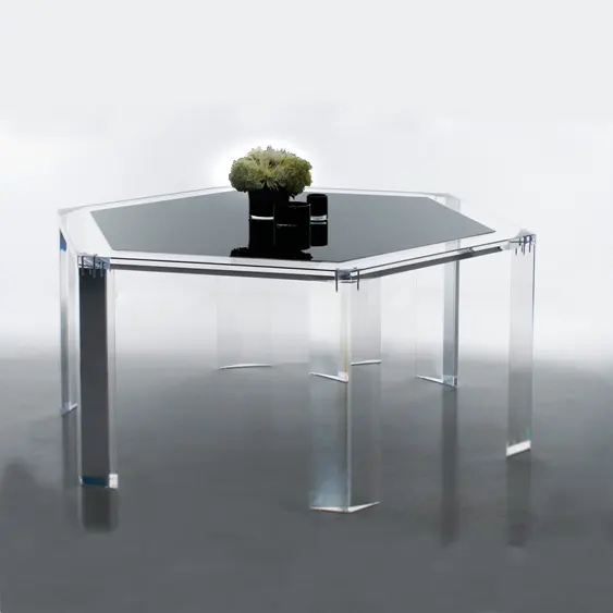 Özel şeffaf mobilya ev dekorasyon çok fonksiyonlu altıgen kahve konferans masası akrilik masa