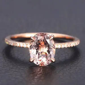 Perhiasan Anggun 925 Sterling Silver Kubik Zirkonia CZ Potongan Oval Morganite Cincin Pertunangan