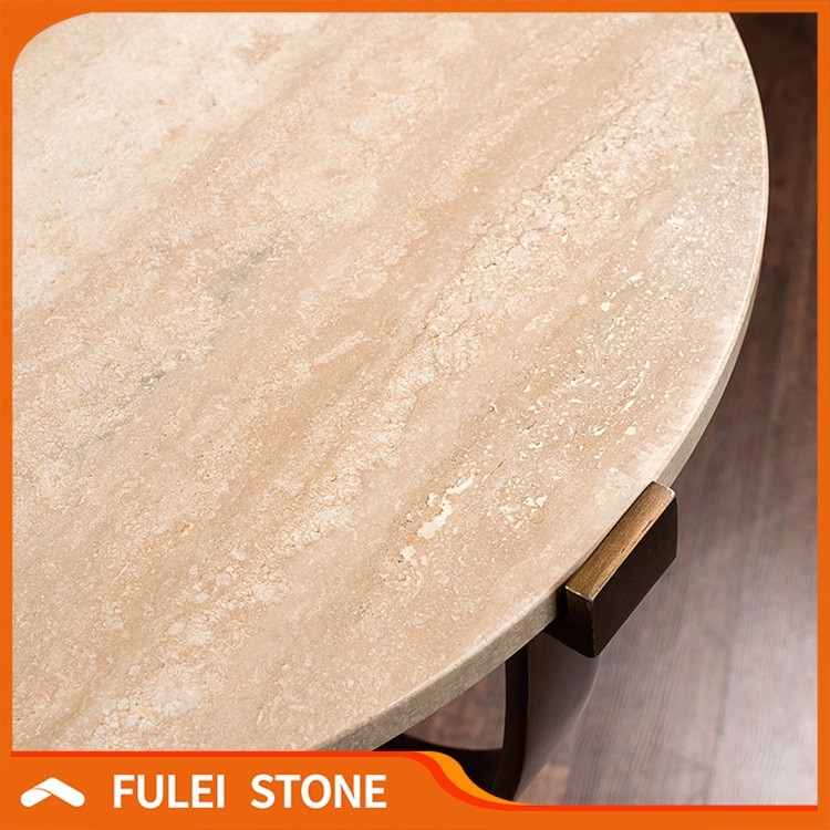 最高品質の丸いベージュトラバーチン大理石天板コーヒーダイニング
