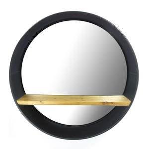 Miroir rond mural suspendu de 79,5 cm (31 pouces) avec cadre en métal noir décoratif et étagère en bois massif pour salle de bain ou salon - Product Image 1