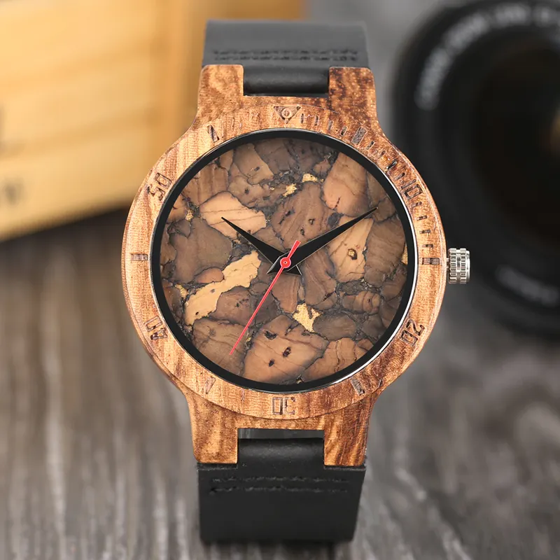 Men Creative Wood Watch Genuine Leather Strap Bamboo Wooden Quartz Wrist Watches Relogio Masculino