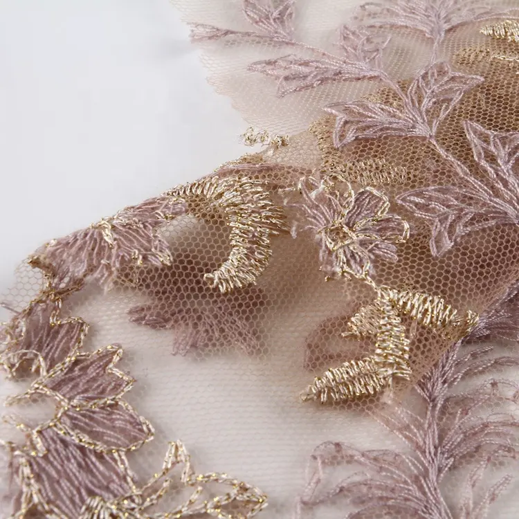 Tela de encaje de malla floral de tul de lujo de alta calidad, bordado dorado