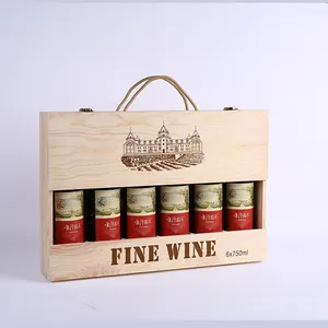 Wholesale solid wood 6 bottle wine box with handle