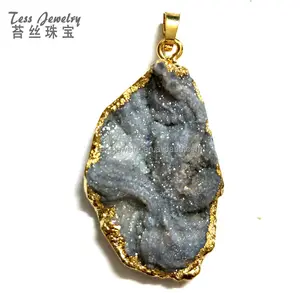 Natural druzy agate pendant gold plated freeform desert grey agate slice drop druzy jewelry